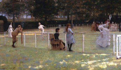 Painting of tennis players on lawn