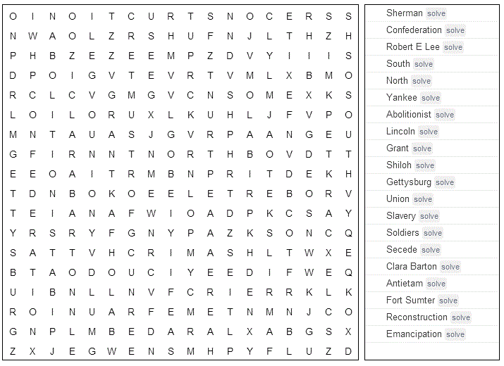 Word Search Civil War Printable Version