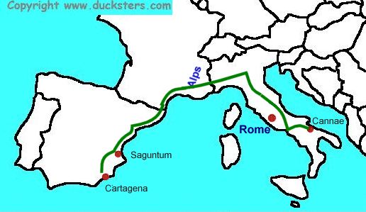 Map of the route Hannibal to Rome from Spain