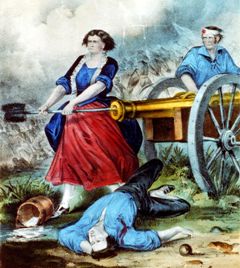 Molly Pitcher loading cannon in battle