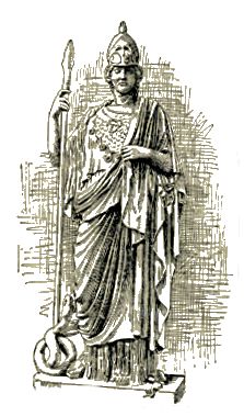 Greek goddess Athena holding staff and wearing helmet