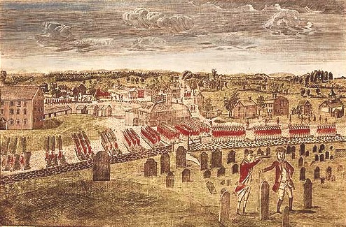 Drawing showing the British Army entering the city of Concord