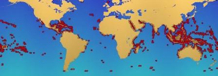 Locations of the world's coral reefs