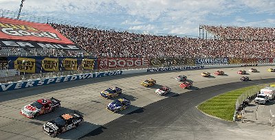 Race track with cars preparing to start a race